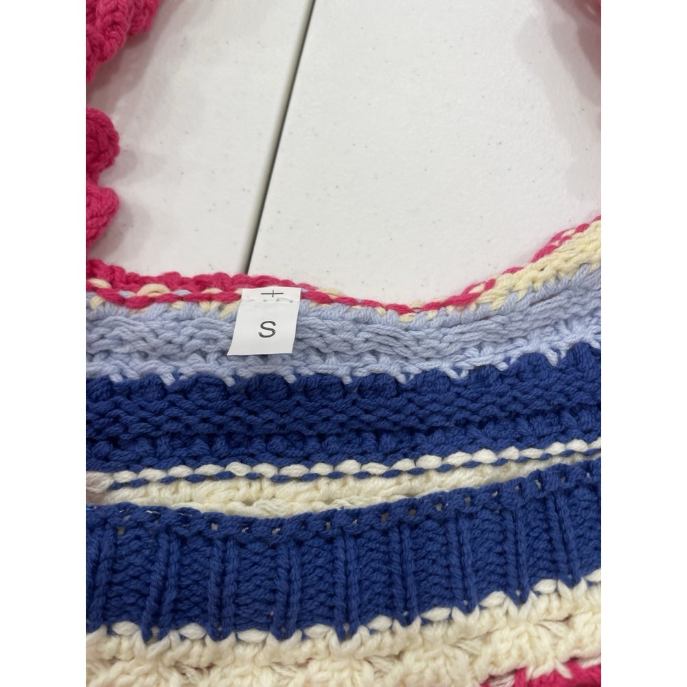 Crochet Crop Top Women's Small Multicolor Ruffle Sleeve Striped Knit - Picture 7 of 7